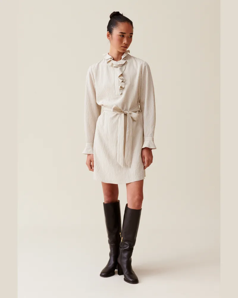 Claudie Pierlot Gestreiftes Kleid mit Rüschenkragen Beige