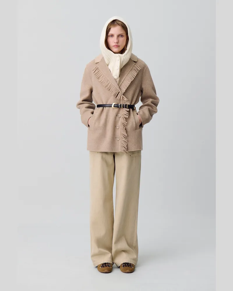 Claudie Pierlot Kurzmantel aus Wolle mit Fransen Beige