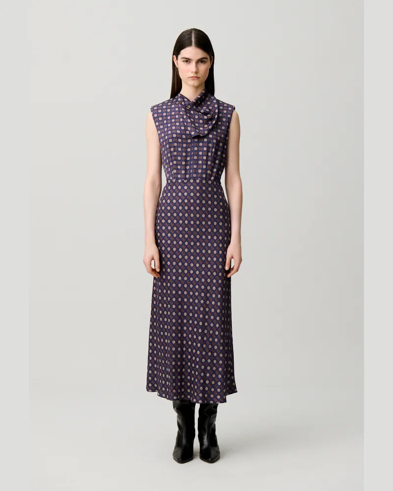 Claudie Pierlot Fließendes Kleid, Schluppenkragen Marine-print