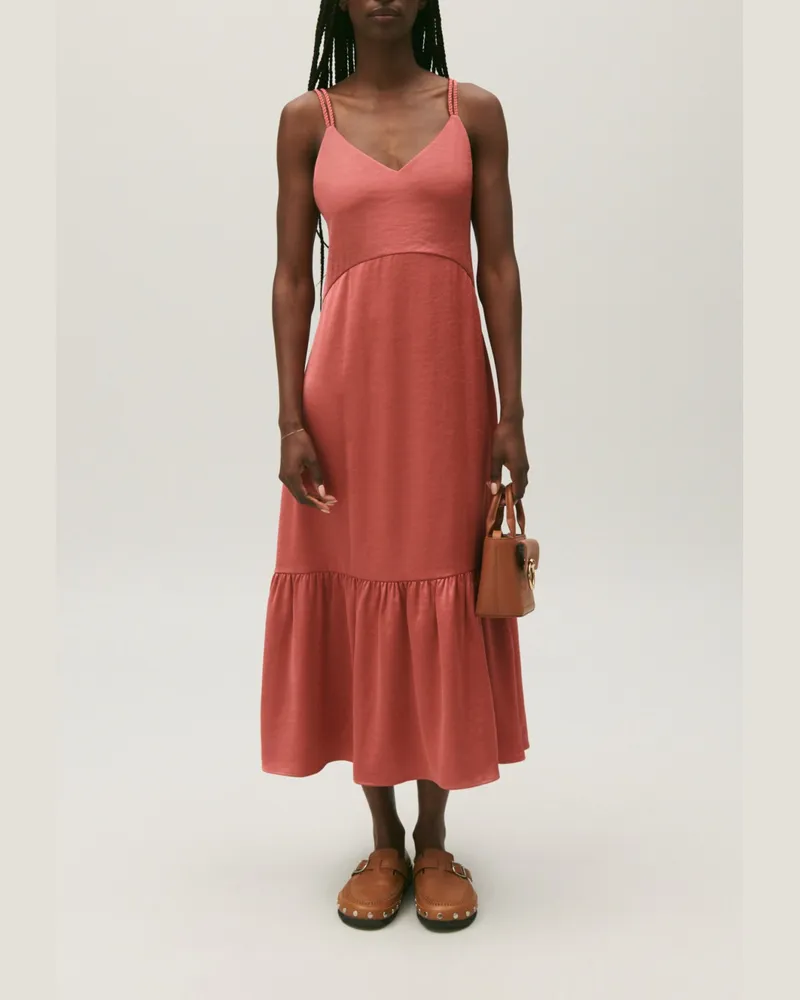 Claudie Pierlot Satiniertes, halblanges Kleid Terrakotta Terrakotta