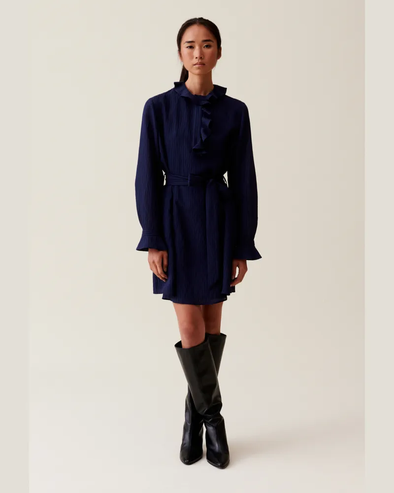 Claudie Pierlot Gestreiftes Kleid Rüschen Blau Marine