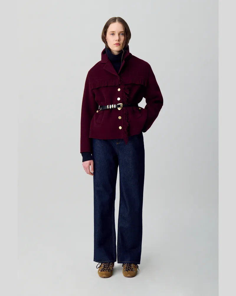 Claudie Pierlot Kurzmantel aus Wolle mit Fransen Burgundy