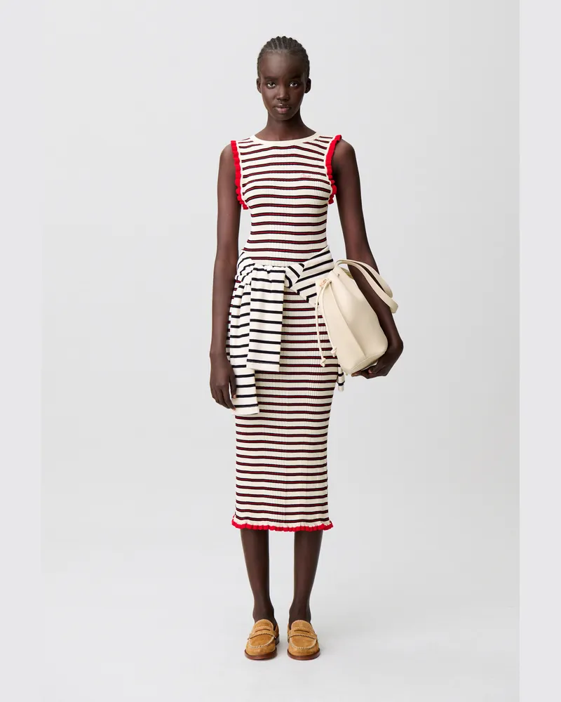 Claudie Pierlot Gestreiftes Strickkleid mit Volants Rot