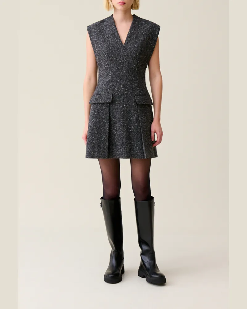 Claudie Pierlot Graues tailliertes Tweed-Kleid Grau-meliert