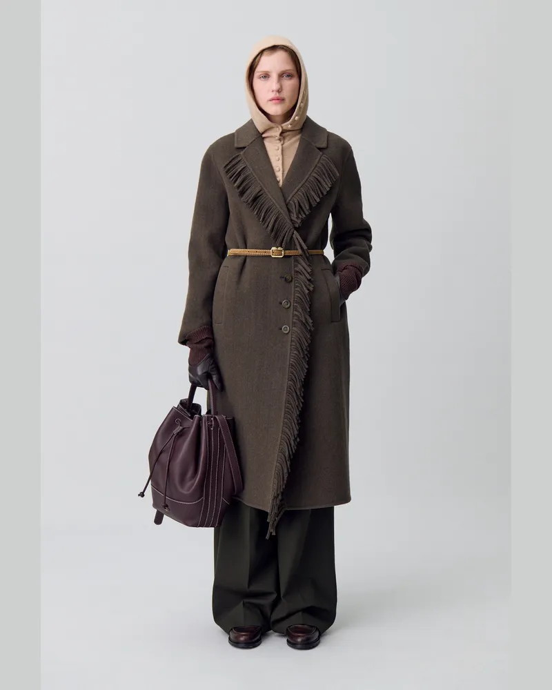 Claudie Pierlot Langer Mantel mit Fransen Khaki