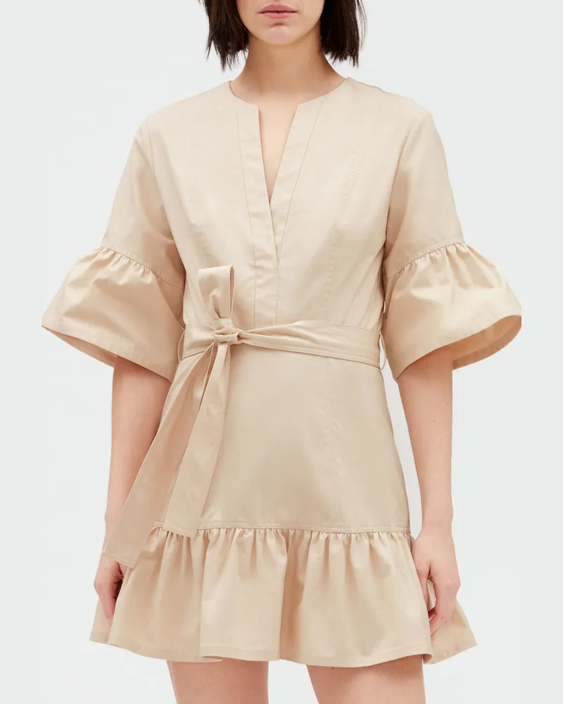 Claudie Pierlot Kurzes Kleid mit Volant-Ärmeln, beige Mastix