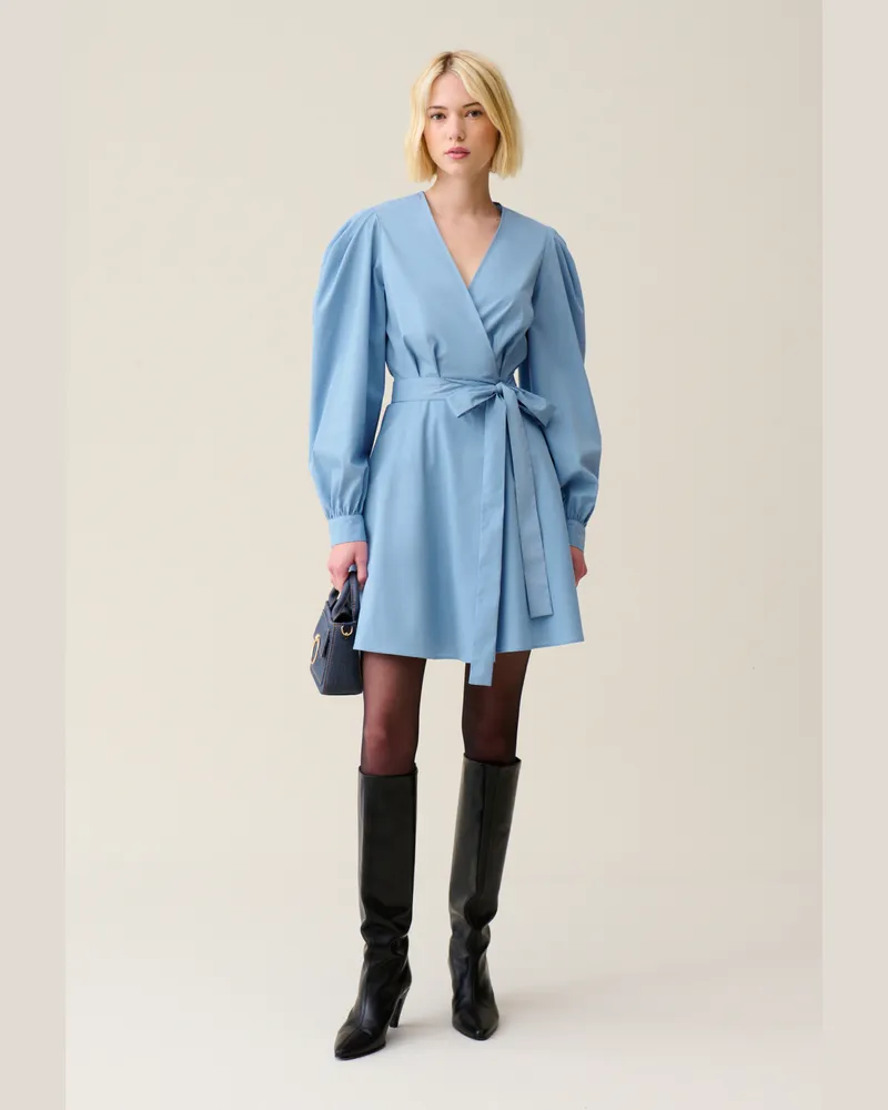 Claudie Pierlot Kurzes Kleid mit Ballonärmeln, blau Himmel-blau