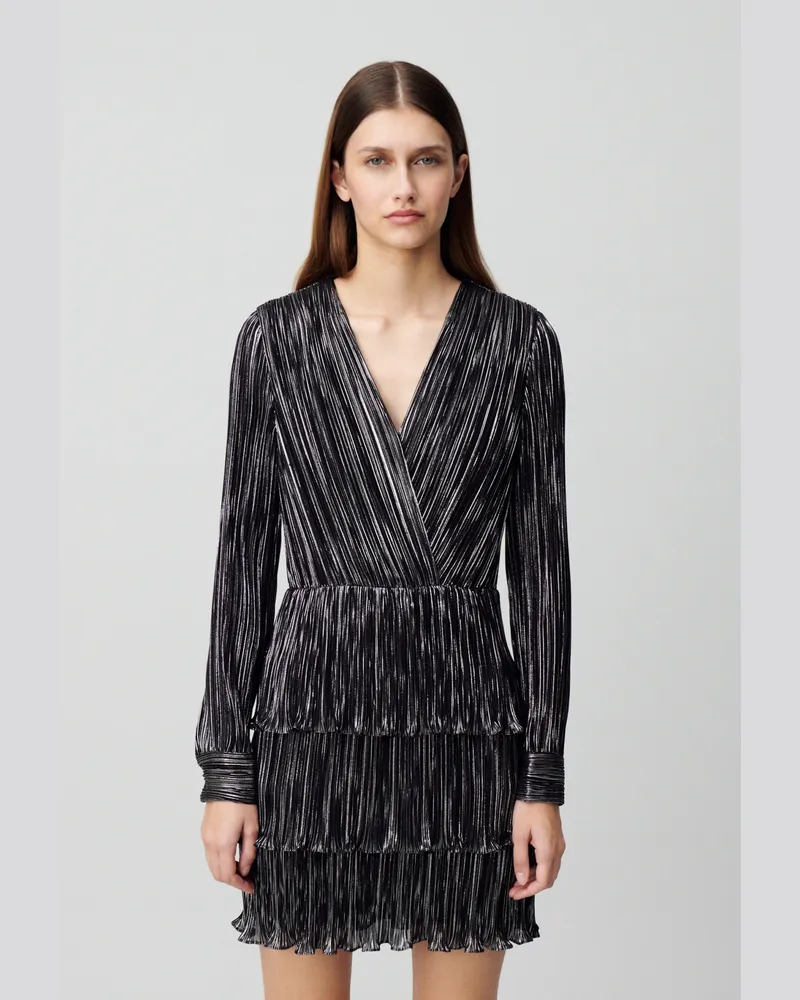 Claudie Pierlot Kurzes Silber Kleid mit Volants Schwarz