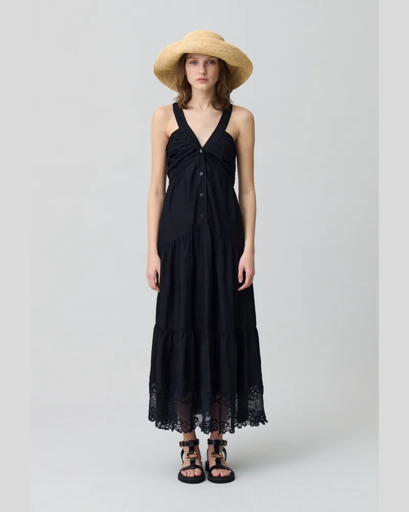 Claudie Pierlot Langes Kleid mit Blumenstickereien Schwarz