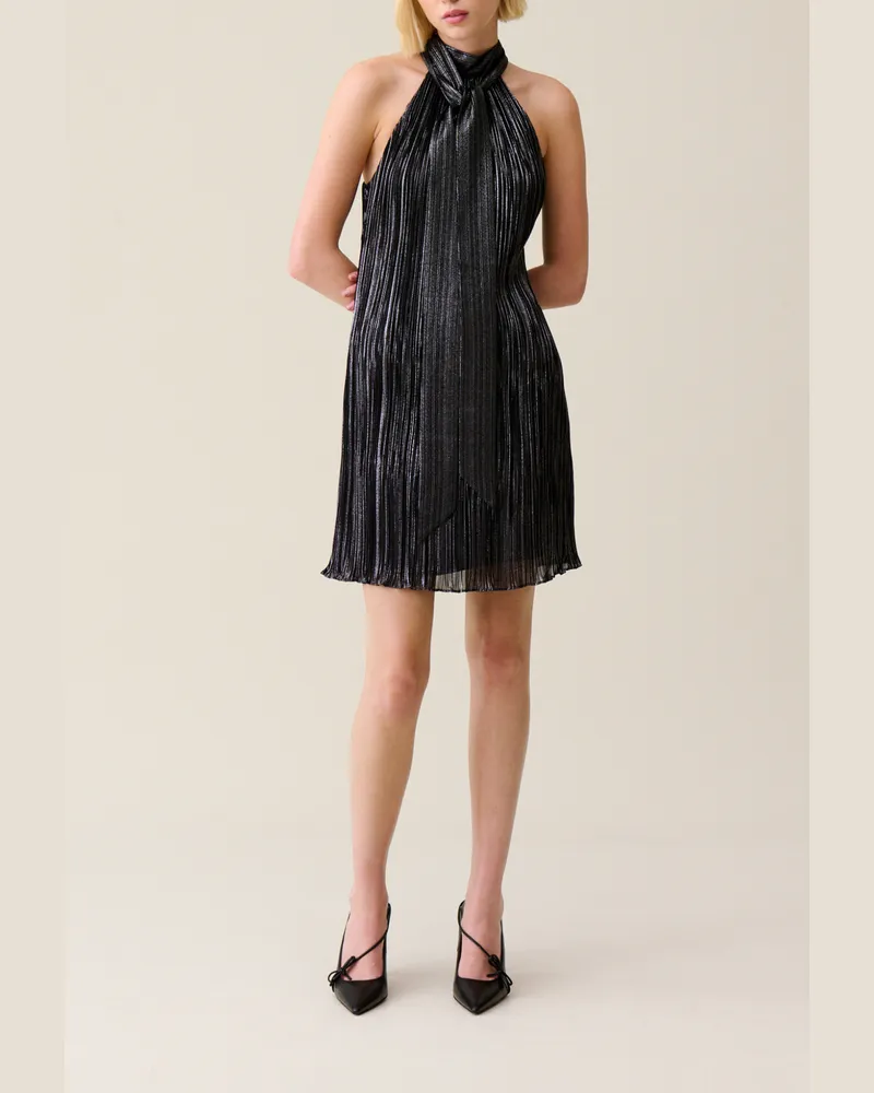 Claudie Pierlot Kurzes silbernes Plissee-Kleid Schwarz