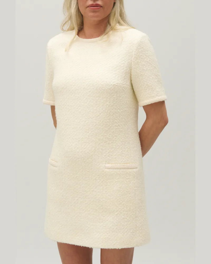 Claudie Pierlot Kurzes elfenbeinfarbenes Kleid Tweed Elfenbein