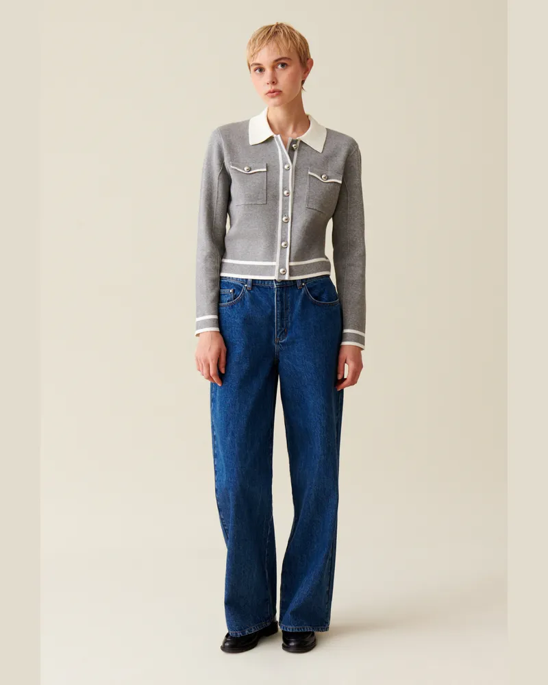 Claudie Pierlot Hellgraue Strickjacke Kragen Zweifarbig
