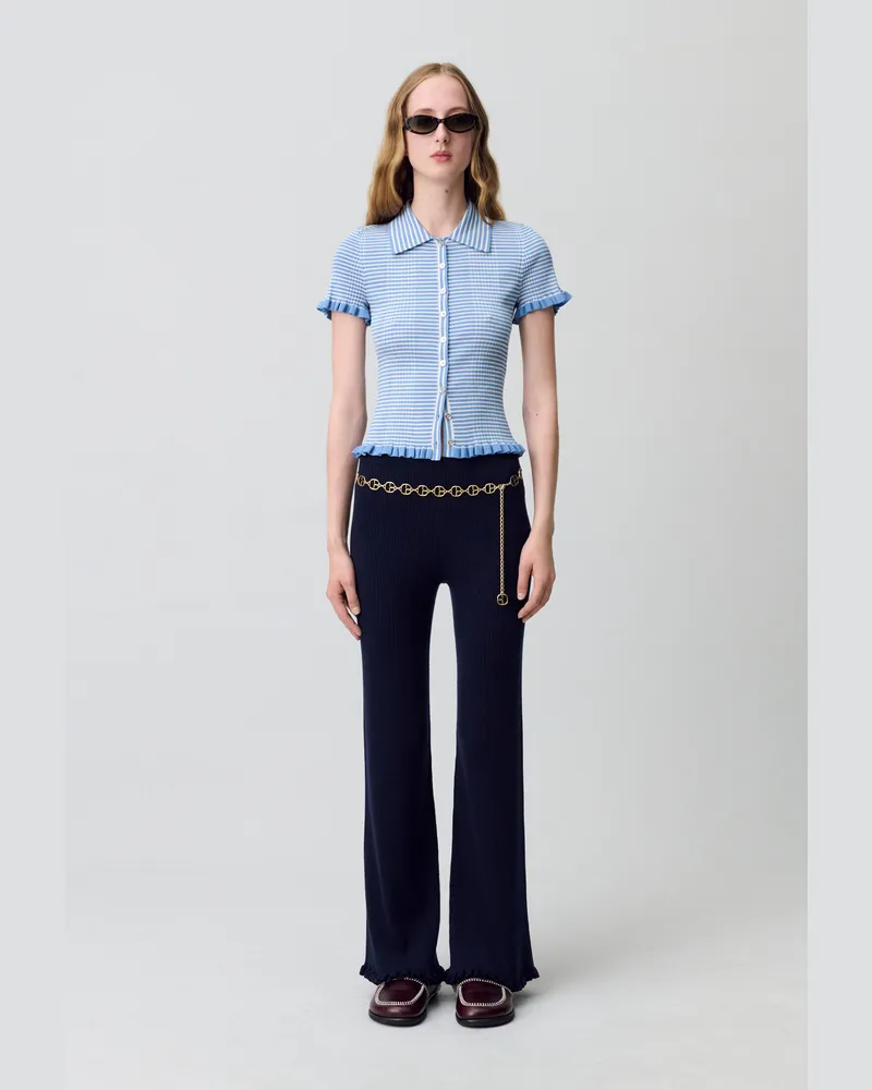 Claudie Pierlot Gestreiftes Poloshirt mit Knöpfen Himmel-blau