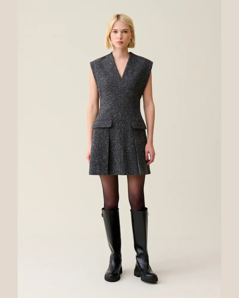 Claudie Pierlot Graues tailliertes Tweed-Kleid Grau-meliert