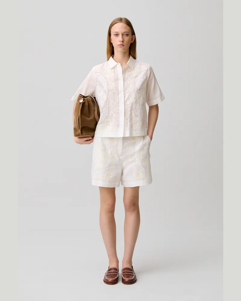 Claudie Pierlot Bestickte Baumwoll-Ramie-Shorts Ecru