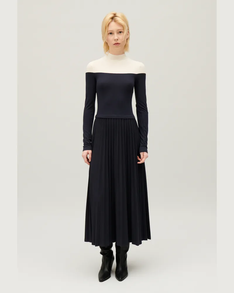 Claudie Pierlot Langes plissiertes Twistkleid dreifarbig Marine