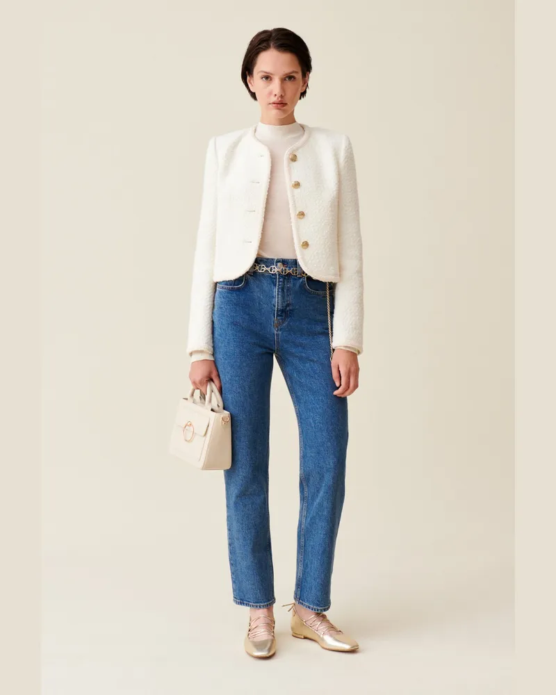 Claudie Pierlot Kurze elfenbeinfarbene Jacke aus Tweed Elfenbein
