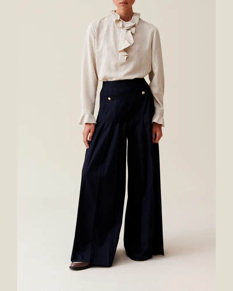 Claudie Pierlot Gestreifte Bluse mit Rüschen Beige