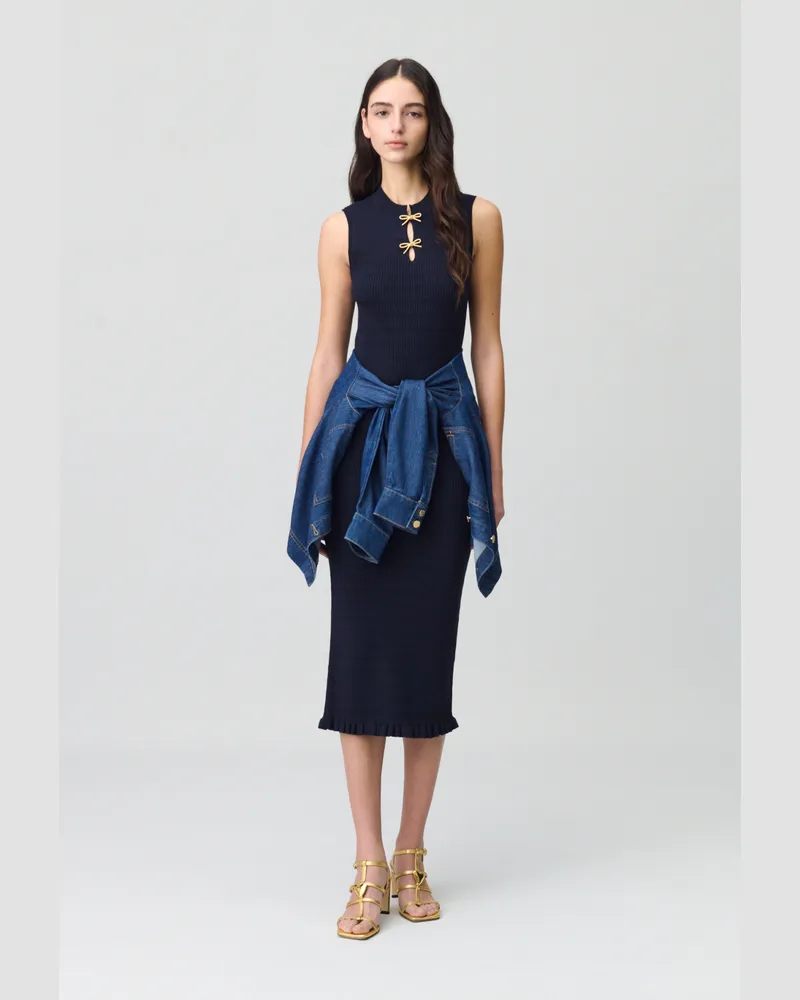 Claudie Pierlot Langes Feinstrick-Kleid, Schleifen Marine