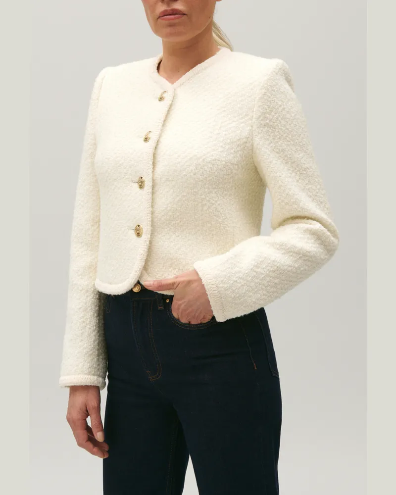 Claudie Pierlot Kurze elfenbeinfarbene Jacke aus Tweed Elfenbein
