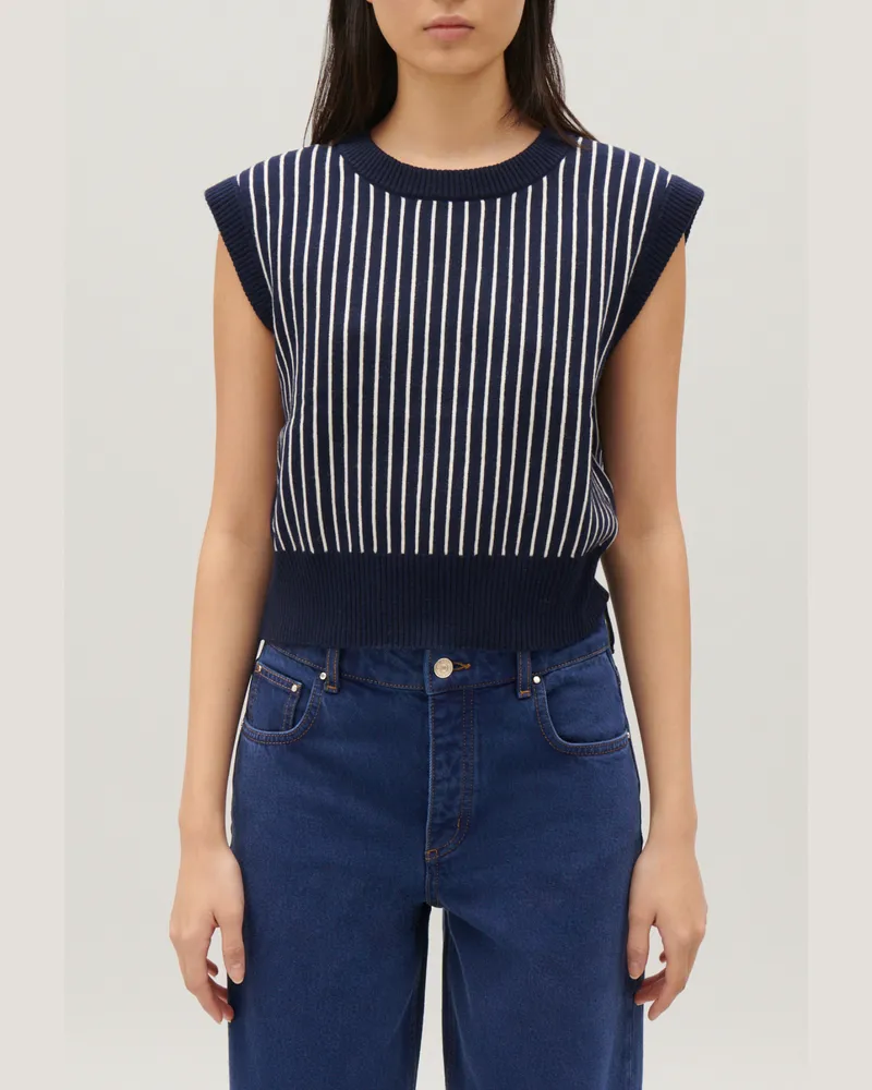 Claudie Pierlot Gestreifter Strickpullover ohne Ärmel Marine