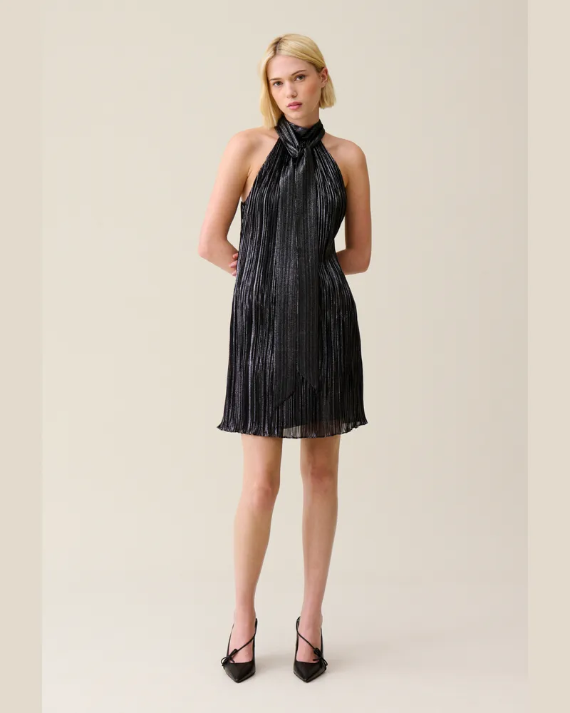 Claudie Pierlot Kurzes silbernes Plissee-Kleid Schwarz