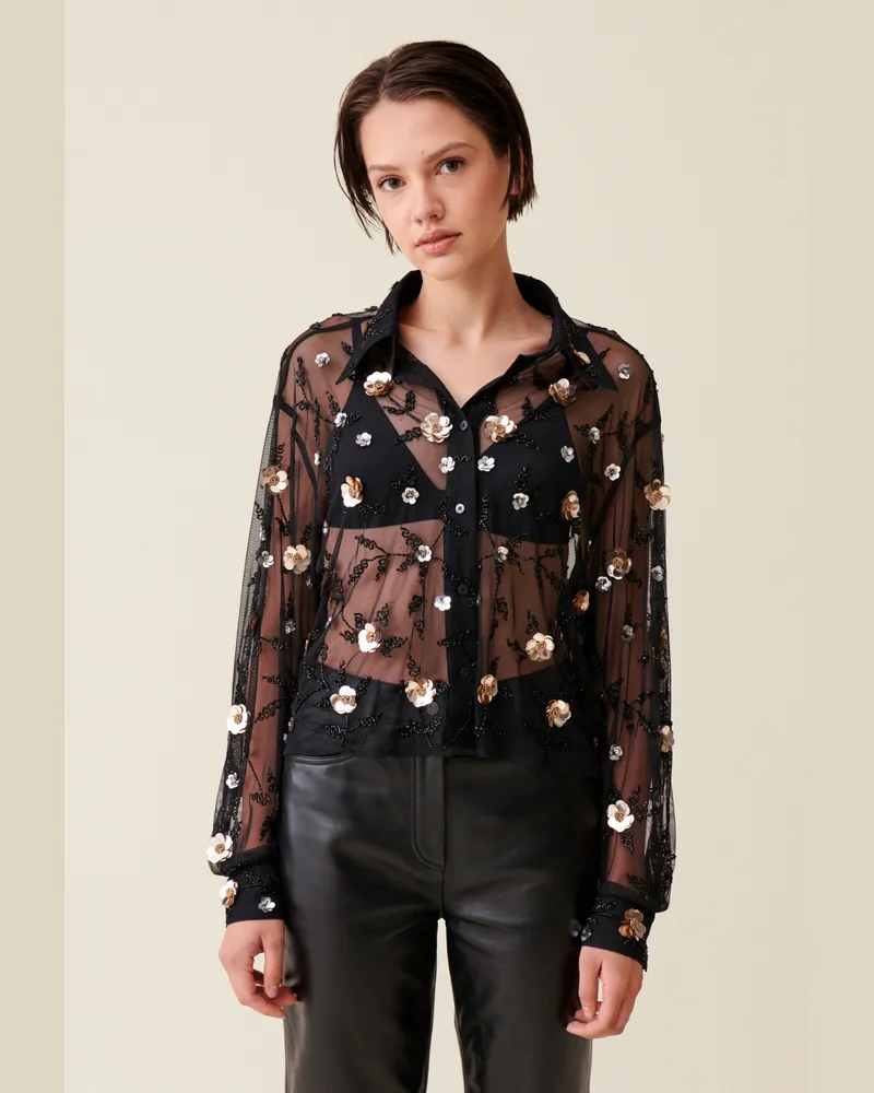 Claudie Pierlot Schwarze transparente Stickbluse Schwarz