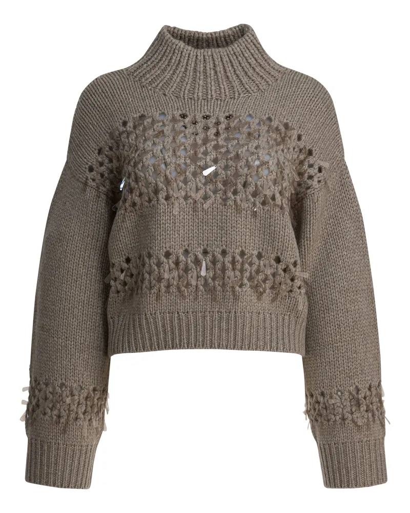 Brunello Cucinelli verzierter Kaschmirpullover mit Rundhalsausschnitt Brown