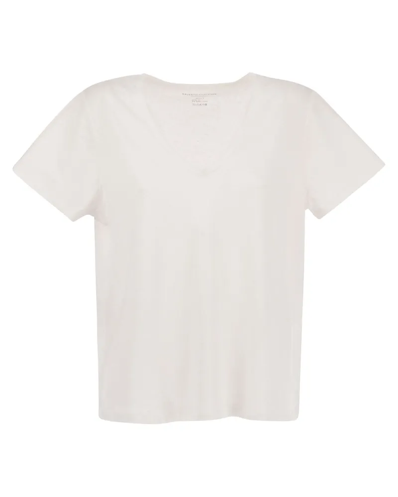 Majestic Crew Neck T -Shirt in Leinen und kurzer Ärmel Weiss