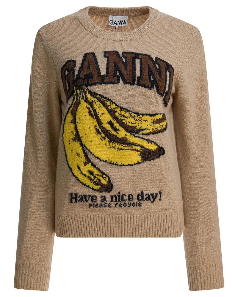 Ganni Wollpullover mit Rundhalsausschnitt Beige