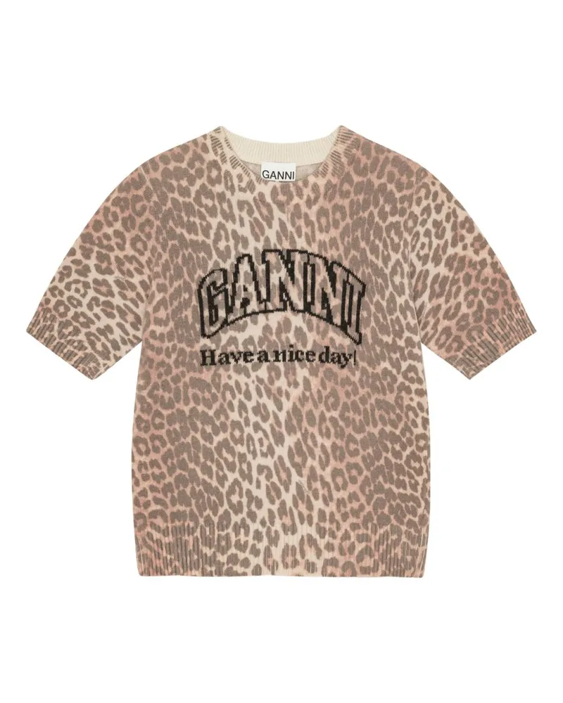 Ganni Logo Wolle T -Shirt Brown