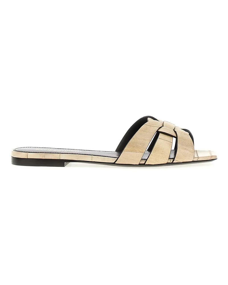 Saint Laurent Tribute Aal Leder flache Sandalen Beige