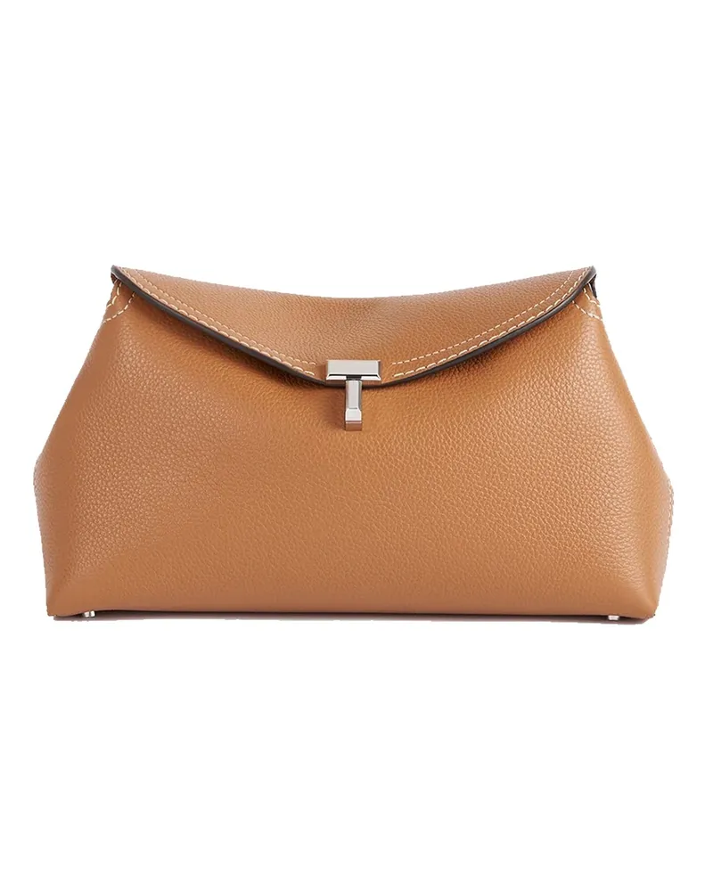 Totême Toteme T-Lock-Clutch aus genarbtem Leder Brown