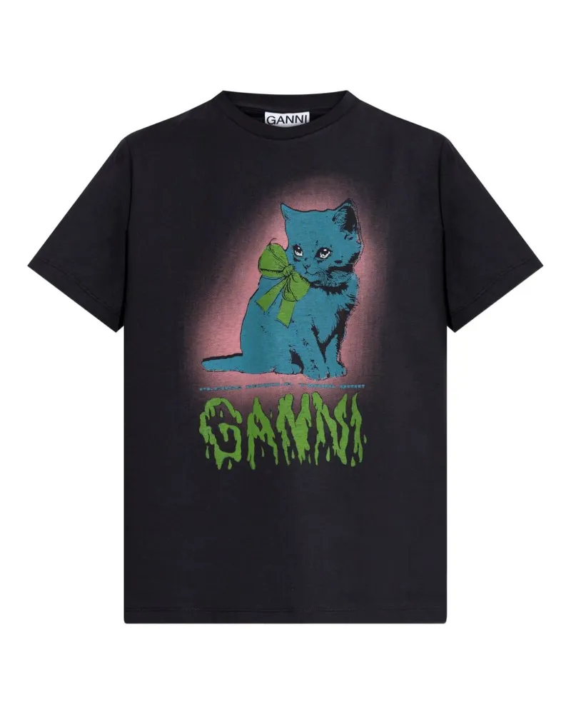 Ganni Neon Kitty Bio -Baumwoll -T -Shirt Grey