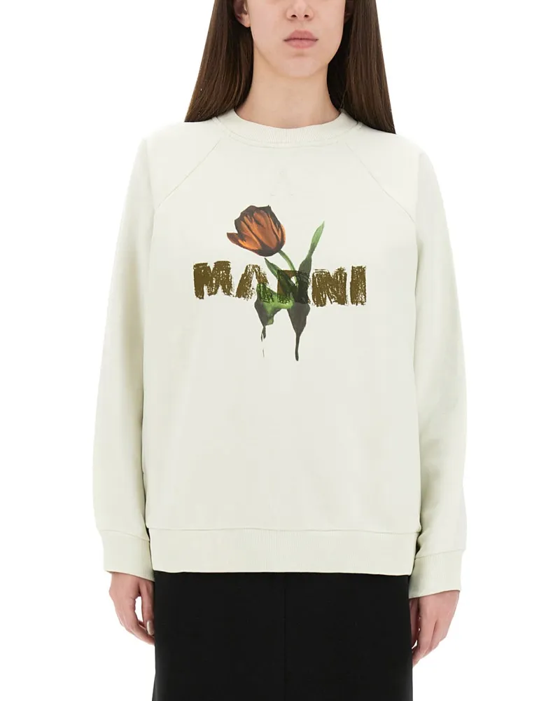 Marni weiße Baumwoll -Sweatshirt mit Tulpendruck White