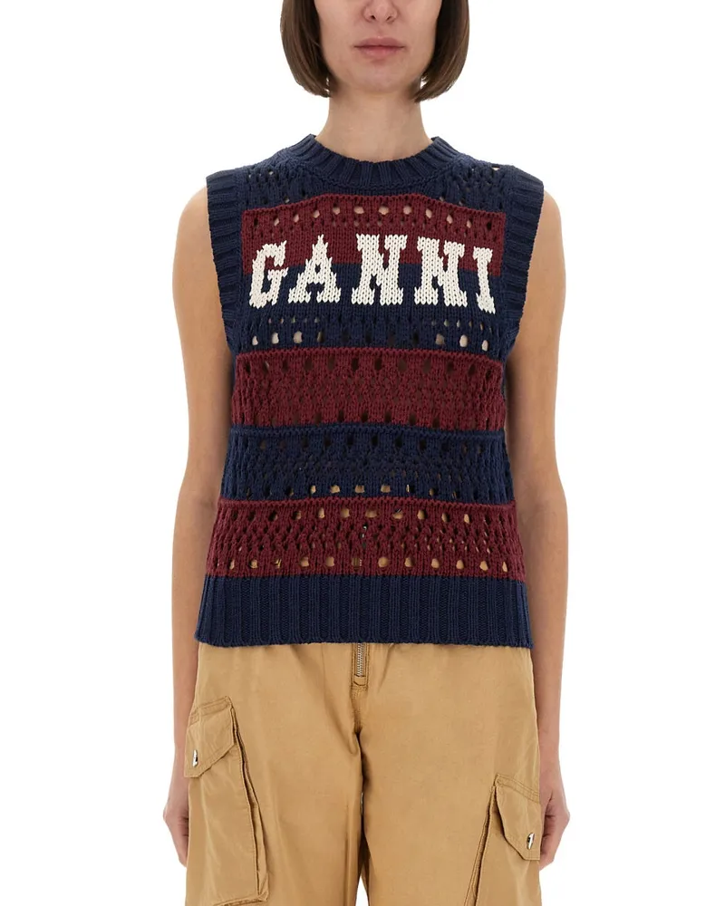 Ganni gestreifte Weste mit Logo Black