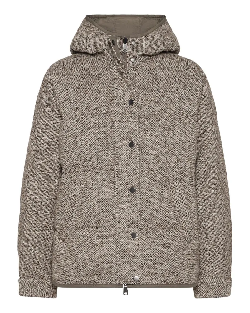 Brunello Cucinelli Chevron Down Jacke mit Hoodie Beige