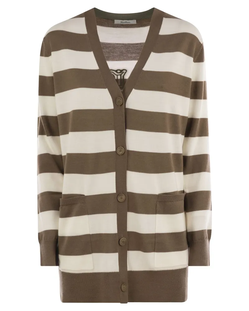 Max Mara Fiemme lange gestreifte Woll -Strickjacke Hazelnut