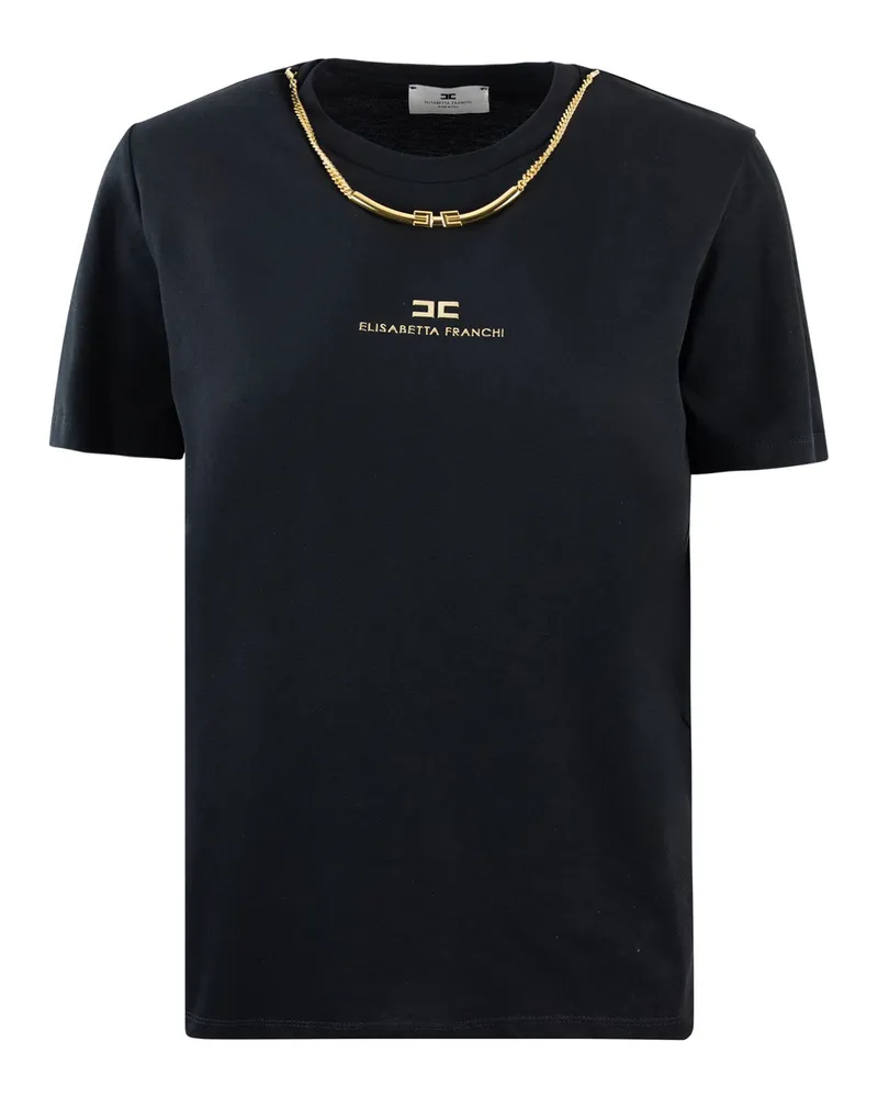 Elisabetta Franchi T -Shirt in Jersey di Cotone Con Collana Nera Black
