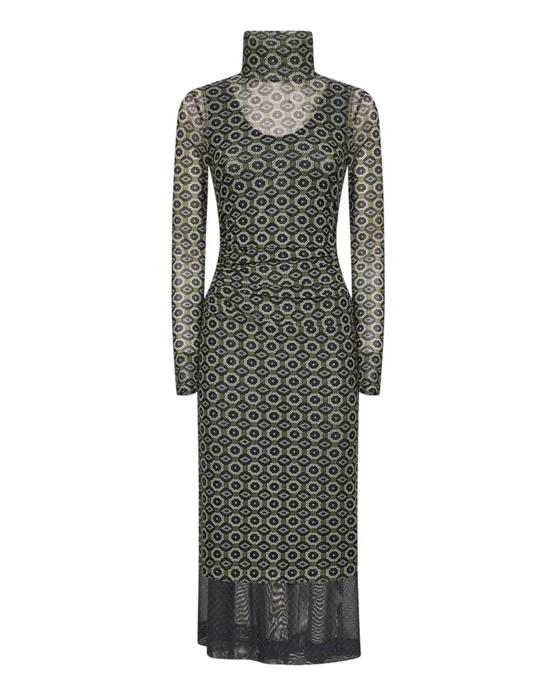 Dries van Noten Trocknen van notieren grün bedrucktes mesh geschichtetes midi kleid 604	green
