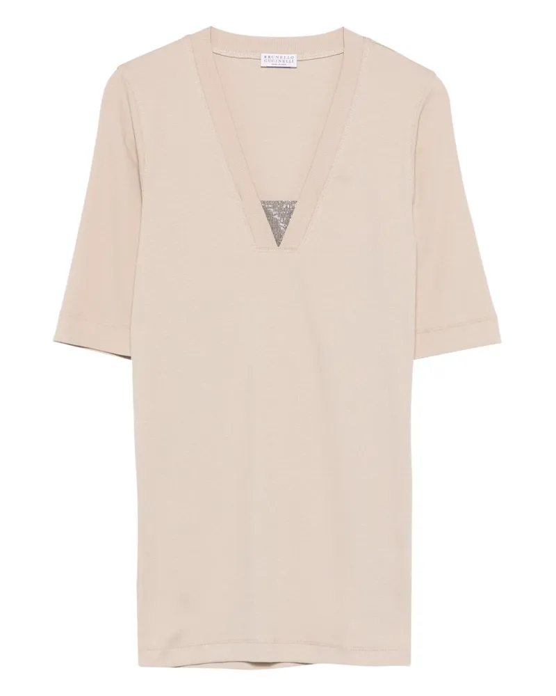 Brunello Cucinelli Baumwollpullover mit V-Ausschnitt Beige