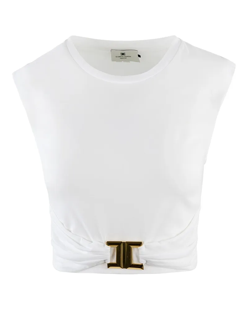Elisabetta Franchi T -Shirt in Jersey di Cotone Con Logo Gioiello Bianca Gesso