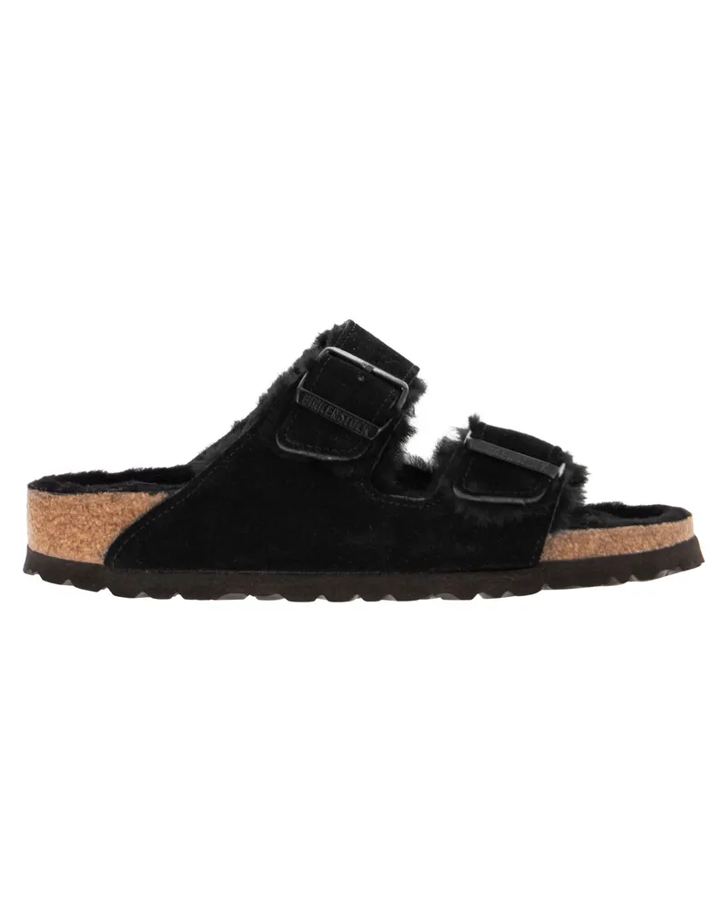 Birkenstock Arizona Wildleder Lammfell Slipper Schwarz