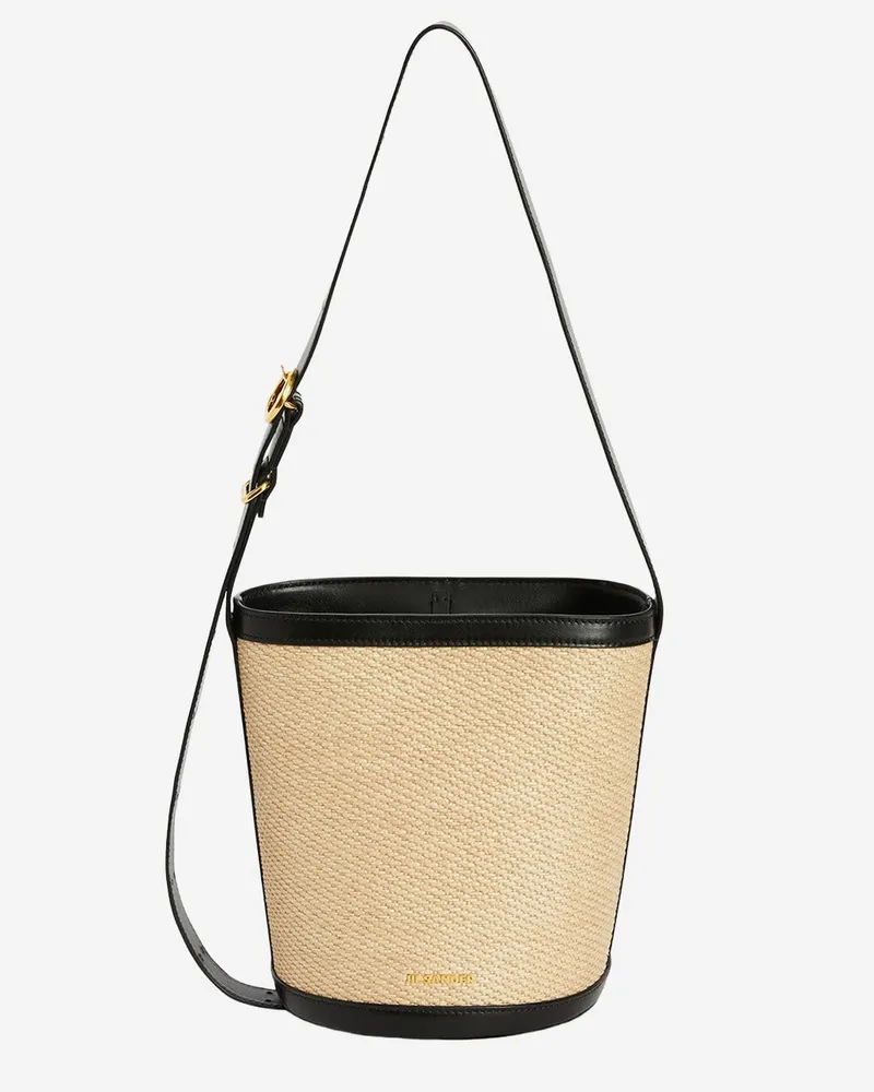 Jil Sander Cannolo Beuteltasche aus Leder und Rafia Natural