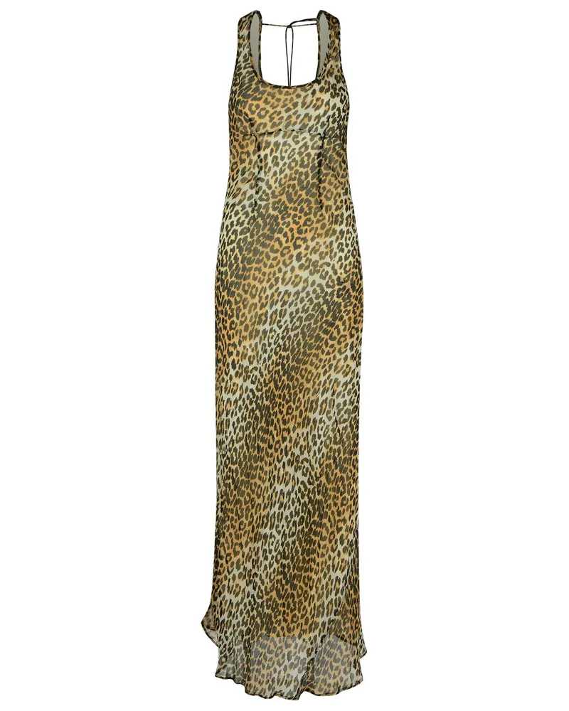 Ganni Leopard Print Viskose Langes Kleid Multicolor