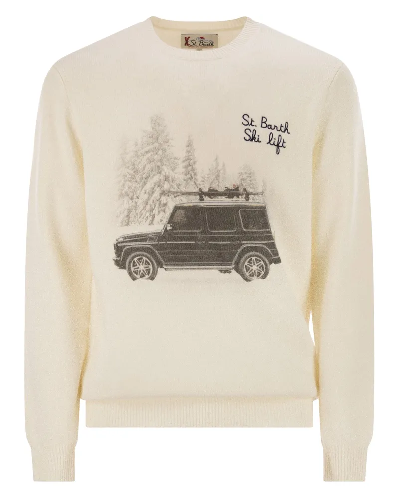 MC2 Saint Barth Heron Pullover mit Rundhalsausschnitt und Stickerei auf der Vorderseite Cream