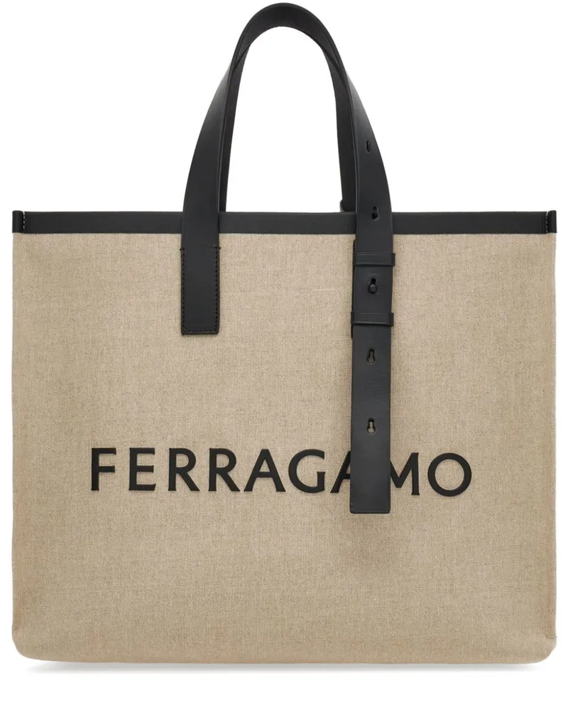 Ferragamo Logo Canvas Tote Beige