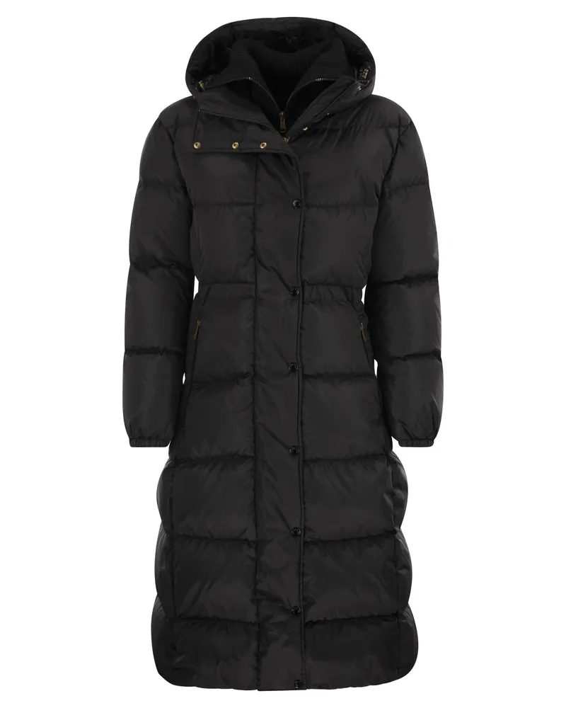 Moncler Chamer Long Down Jacke mit Kapuze und Wollverkleidung Black