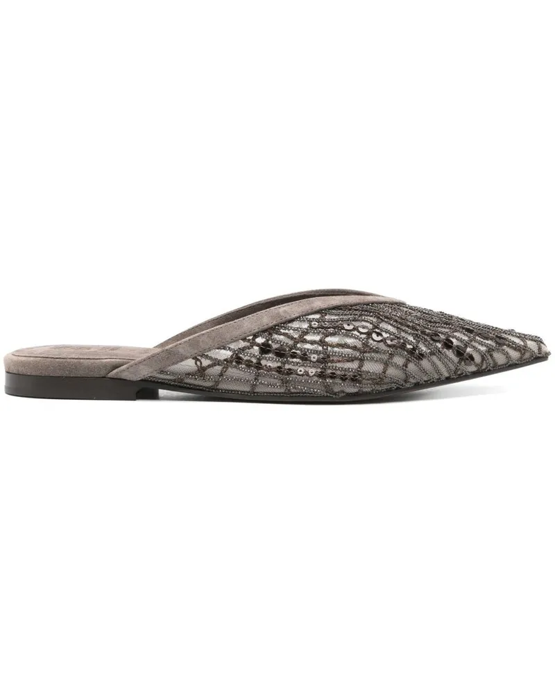 Brunello Cucinelli abstrakt gestickte Wildleder Slingback Ballet Flats Brown