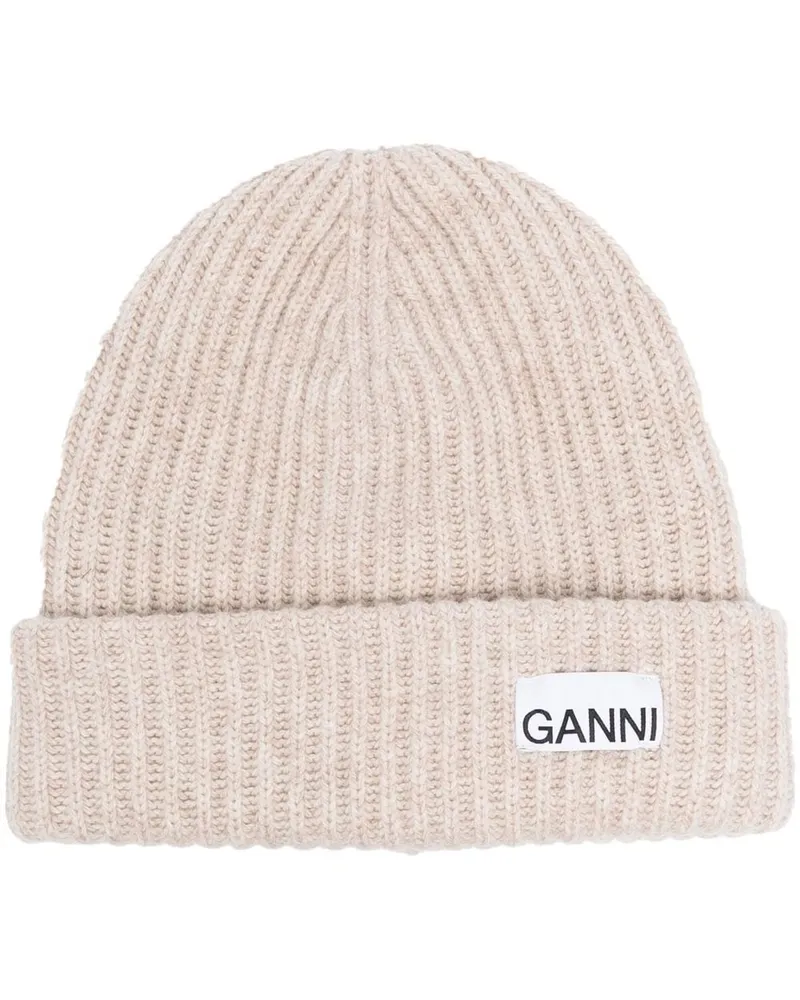 Ganni Wolle gerippte Mütze Beige